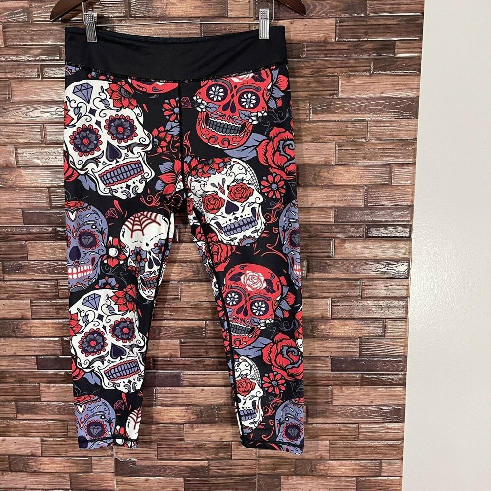 Constantly Varied Gear Women's Skull & Roses Leggings Capri Size XL Black Pink